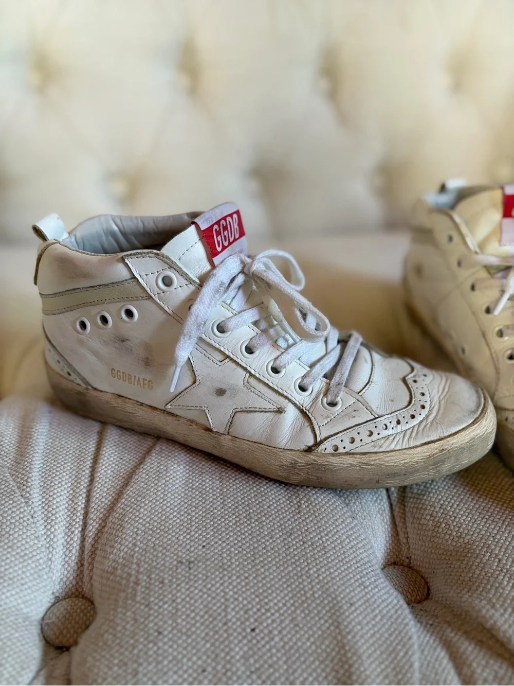 Golden Goose White Mid-Top Sneakers with Red Tongue Tab